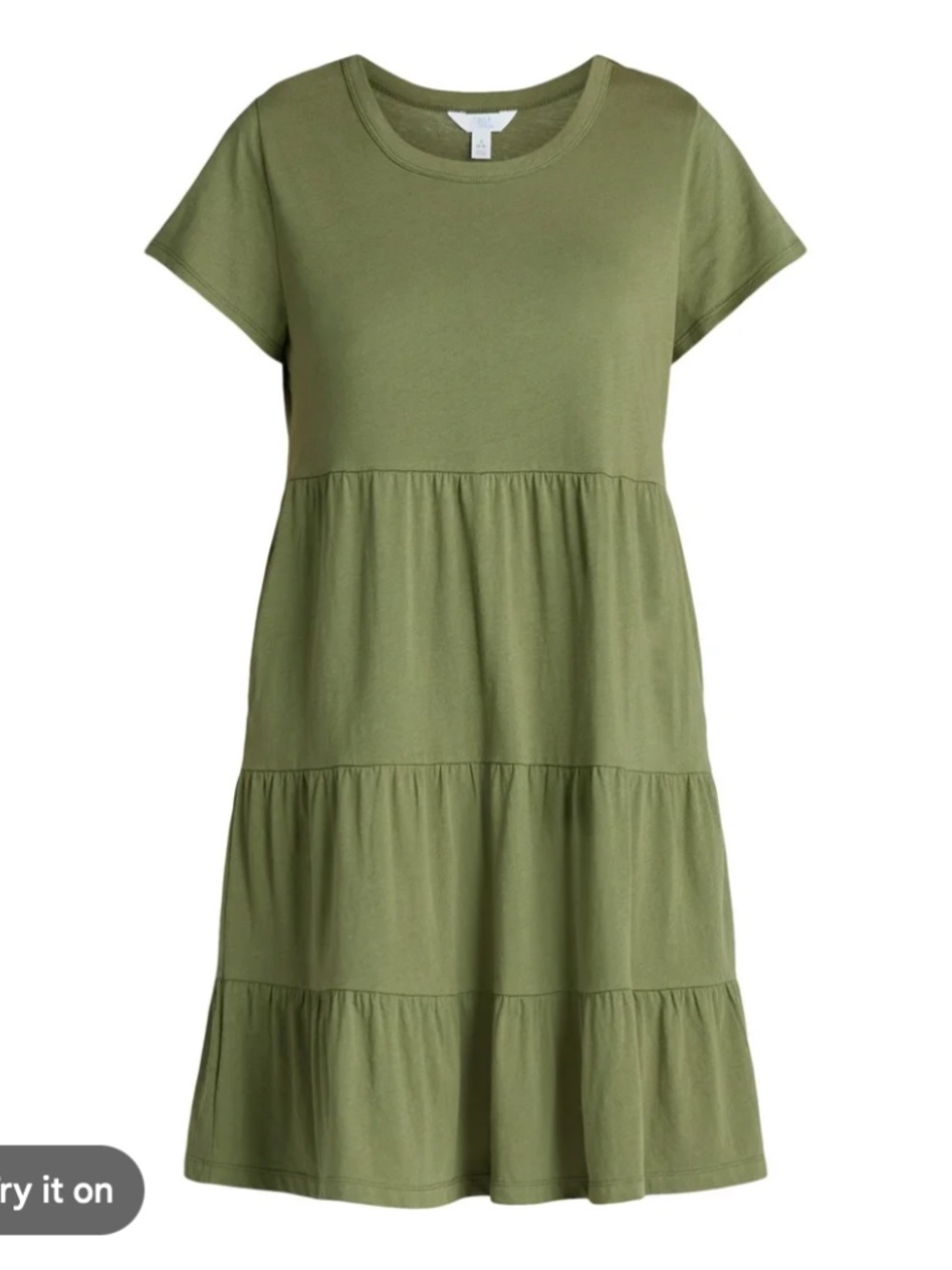Time and Tru Olive Green Tiered Swing Dress Puff Sleeve Knit Women's M